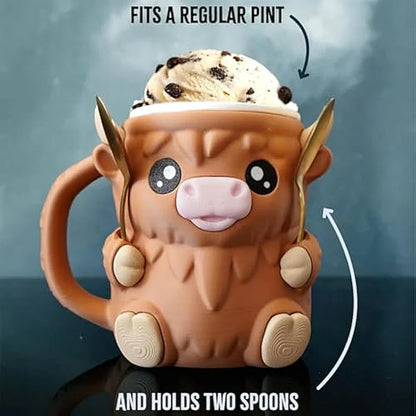 Reusable Highland Cow Ice Pint Holder W/ Snack Drawer & Handle 3D Printed Ice Cream Pint Containers Beer Can Sleeves Ideal Gifts