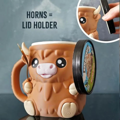 Reusable Highland Cow Ice Pint Holder W/ Snack Drawer & Handle 3D Printed Ice Cream Pint Containers Beer Can Sleeves Ideal Gifts
